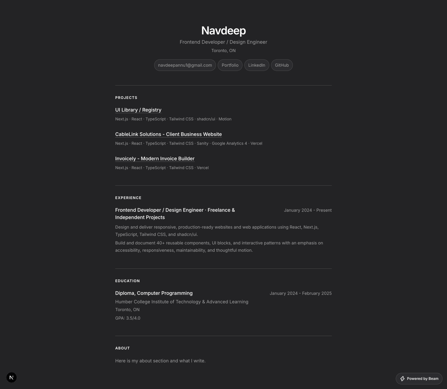 Beam personal resume website preview